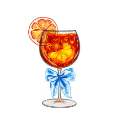 Aperol spritz cocktail garnished with a whimsical blue bow hand drawn watercolor illustration. Mediterranean traditional aperitif for menu and design. Italian summer drink for the bar.