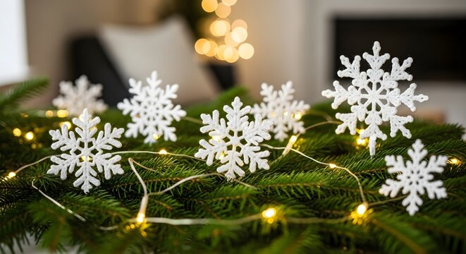 Close up of white snowflakes on a green christmas tree branch with fairy lights in a festive scene
