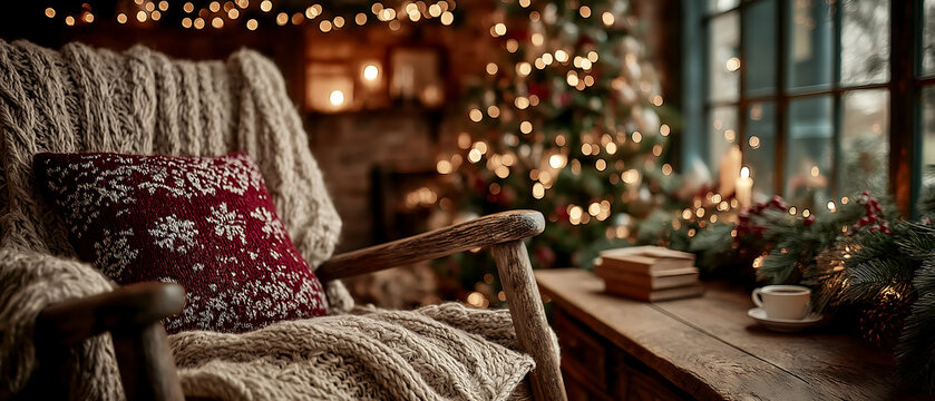 Cozy christmas scene with rocking chair, pillow, christmas tree and window - Powered by Adobe
