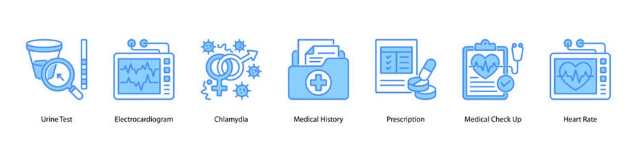 Diagnostic and Vital Tracking web banner with Urine Test, Electrocardiogram, Chlamydia, Medical History, Prescription, Medical Check Up, and Heart Rate to support active health monitoring.
