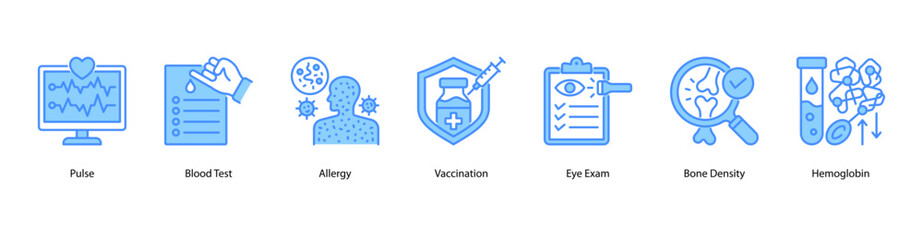 Laboratory Health Indicators web banner icon vector illustration featuring Pulse, Blood Test, Allergy, Vaccination, Eye Exam, Bone Density, and Hemoglobin for essential medical metrics.