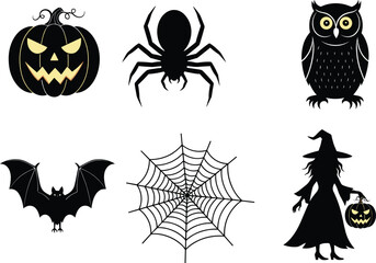 Halloween silhouette icons, spooky pumpkin, flying bat, creepy spider, haunted owl, witch with jack-o'-lantern, spider web, eerie festive decorations