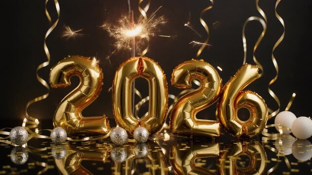 Festive New Year celebration setup with large golden foil balloons forming &ldquo;2026,&rdquo; surrounded by curling ribbons, white balloons, and bright sparkler against dark reflective background, vibrant and jo