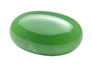 Polished oval green gemstone with smooth, shiny surface