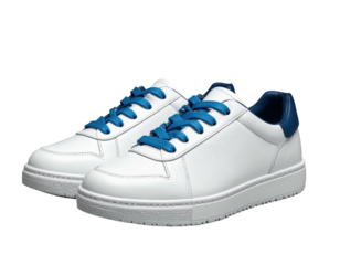 White sneakers with blue laces and heel accent on black