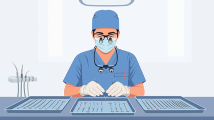 Dentist preparing instruments in a dental clinic environment