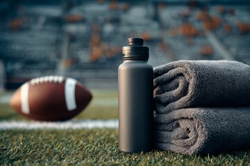 Sports water bottle and towels on football field sideline