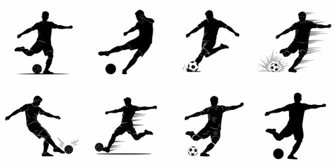 Dynamic set of eight soccer football player silhouettes in action, kicking and shooting the ball with speed and power effects, isolated vector illustration.
