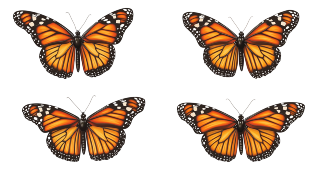 Four vibrant monarch butterflies displayed against a transparent background