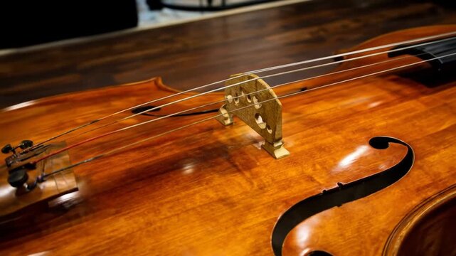 A close-up shot of a stringed musical instrument, showcasing wood grain and delicate strings