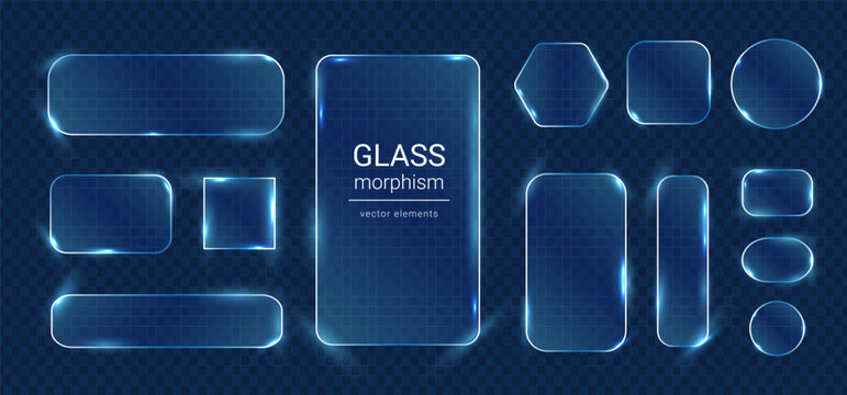 Collection of transparent glass style UI elements with glowing blue highlights. Modern futuristic interface shapes on dark background.