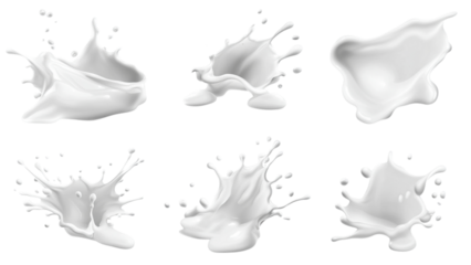 Dynamic white milk splashes captured in mid air against a transparent background