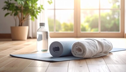 Yoga mat rolled partially with water bottle and towel placed neatly on light wooden floor
