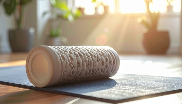 Foam roller placed on yoga mat with subtle reflections and ambient soft lighting.