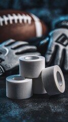 Athletic tape rolls with football and gloves on dark surface