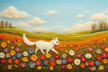 Whimsical textured illustration of a white cat walking through a colorful flower meadow with rolling hills and a blue cloudy sky