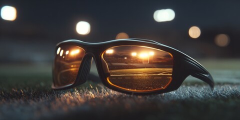 Sports sunglasses reflecting football field lights at night