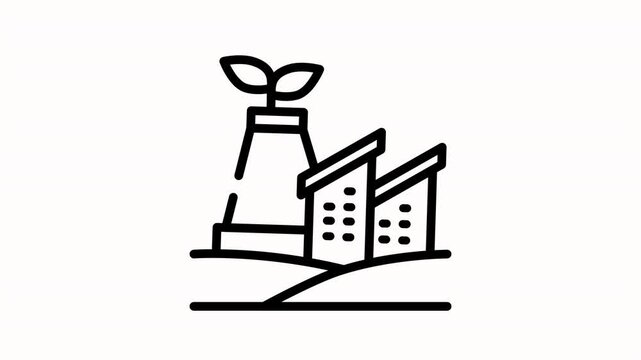 Animated eco-industry icon showcases a clean, modern factory rising from green hills, with a plant sprouting from its main tower to symbolize sustainability and environmentally responsible production.
