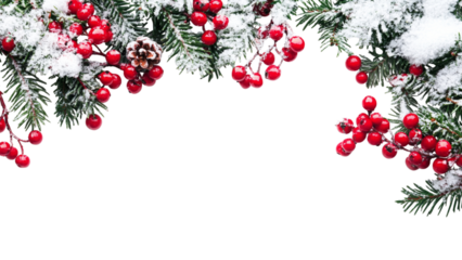Festive christmas garland with red berries and snow on transparent background