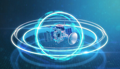Orbital Sentinel: A detailed rendering of a futuristic satellite, orbiting within a network of luminescent rings, symbolizing connectivity and technological advancement.