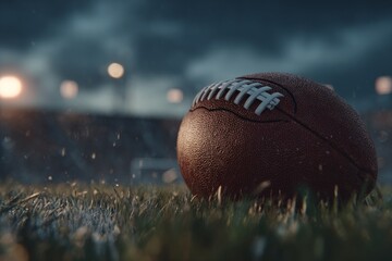 American football on wet grass field before a stormy game