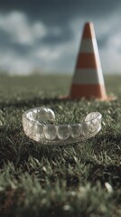 Transparent mouthguard on football field near training cone