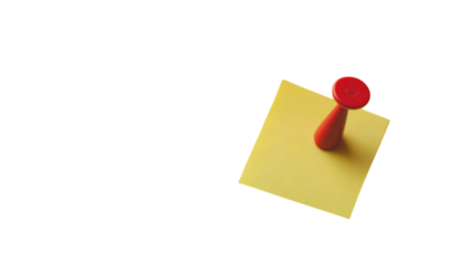 A bright yellow sticky note attached to a transparent background with a red thumbtack