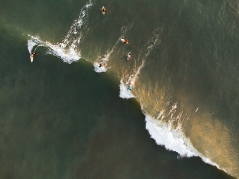 Aerial of surfers riding golden-hour wave