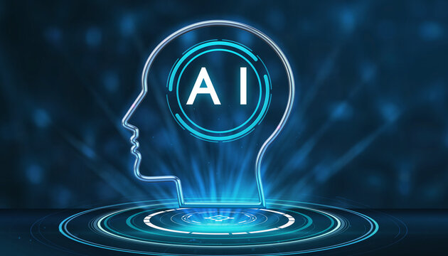 Futuristic AI Concept: A glowing, stylized human head silhouette with the letters AI emblazoned, radiating with digital energy, symbolizes the advancements and potential of artificial intelligence.