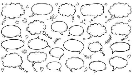 Fototapeta premium Hand drawn speech bubbles and thought bubbles doodles collection on white background