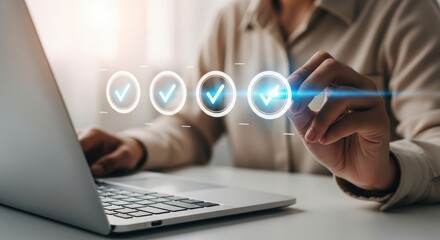 Business person interacting with digital checklist on laptop screen achieving success
