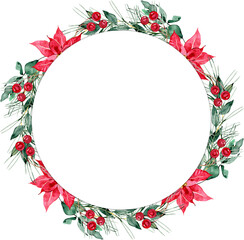 Watercolor Christmas wreath with poinsettia flowers, red berries, eucalyptus and pine branches. Elegant festive frame perfect for holiday cards, invitations, winter designs, branding and decorative pr