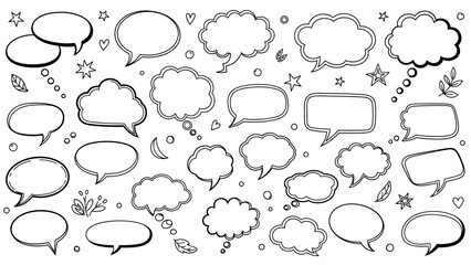 Fototapeta premium Hand drawn speech bubbles collection with stars and doodles in black and white
