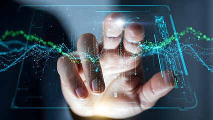 Human hand interacting with a futuristic digital interface displaying data analytics and glowing charts.