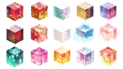 Collection of luminous faceted gemstones in various vibrant colors against a transparent background