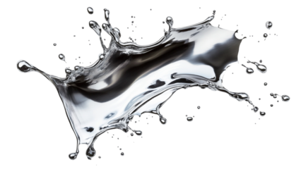 Dynamic silver liquid splash frozen in mid air against a transparent background