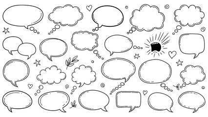 Fototapeta premium Hand drawn speech bubbles and thought bubbles in various shapes and sizes