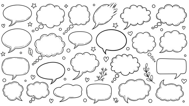 Hand drawn speech bubbles collection with doodle elements for communication and design