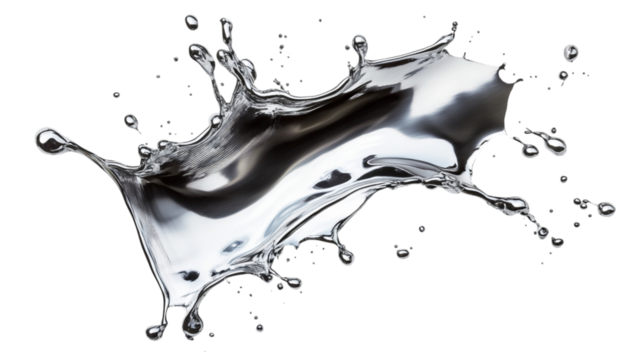 Dynamic silver liquid splash frozen in mid air against a transparent background