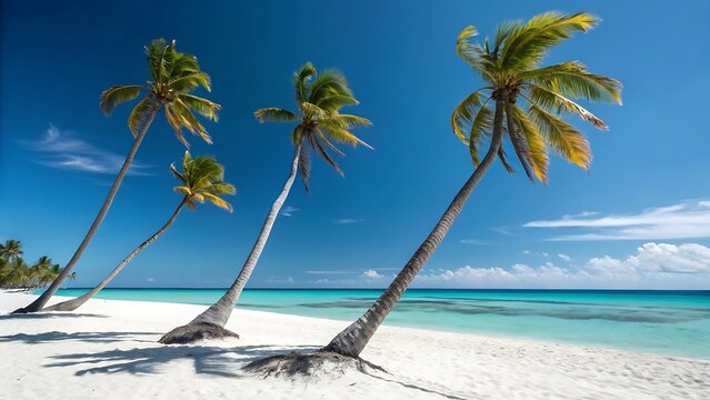 Three leaning palm trees stand tall on a pristine white sand tropical beach under a clear bright blue sky overlooking turquoise ocean water