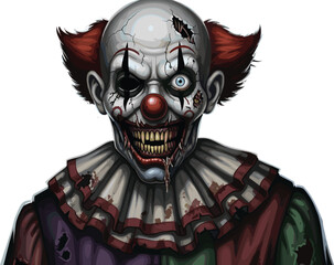 Grotesque clown illustration, horror character design, cracked face, glowing eye, smeared blood makeup, creepy costume, Halloween monster, fear, menace, nightmare