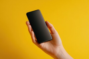 Closeup photograph of a generic smartphone resting flat on an open hand against a bright yellow studio background