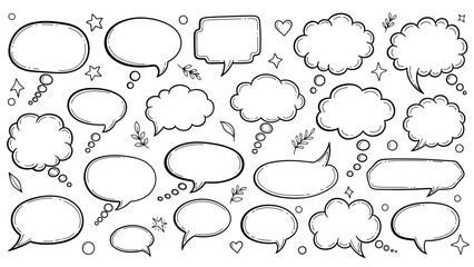 Fototapeta premium Hand drawn speech bubbles and thought bubbles doodle set with stars and arrows