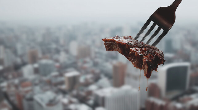Juicy grilled beef on a fork held above a blurred cityscape background, dripping with flavorful sauce.
