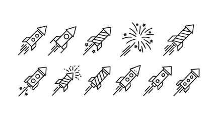 Collection of hand drawn rocket ship and firework silhouettes for celebration and space exploration