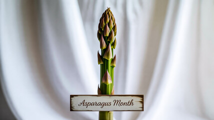 Close-up shot of a single asparagus stalk with a sign that says Asparagus Month.