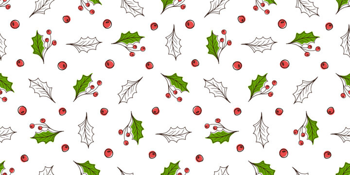 Seamless Christmas pattern with hand-drawn holly leaves and red berries in doodle style. Holiday background for gift wrapping, fabric, and greeting cards. Evergreen winter plant, seasonal decor.