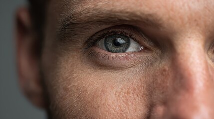 Fototapeta premium Close-up portrait of a European male eye with subtle stubble on a gray background