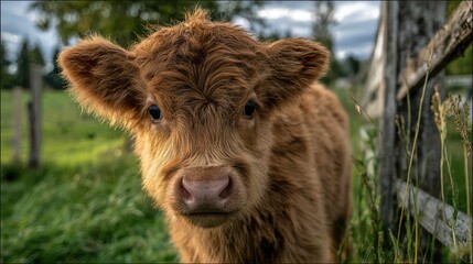 Fototapeta premium Close-up portrait of a Highland calf in a sunlit pasture