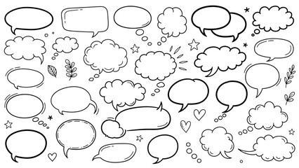 Hand drawn speech bubbles and thought clouds doodle style vector illustration